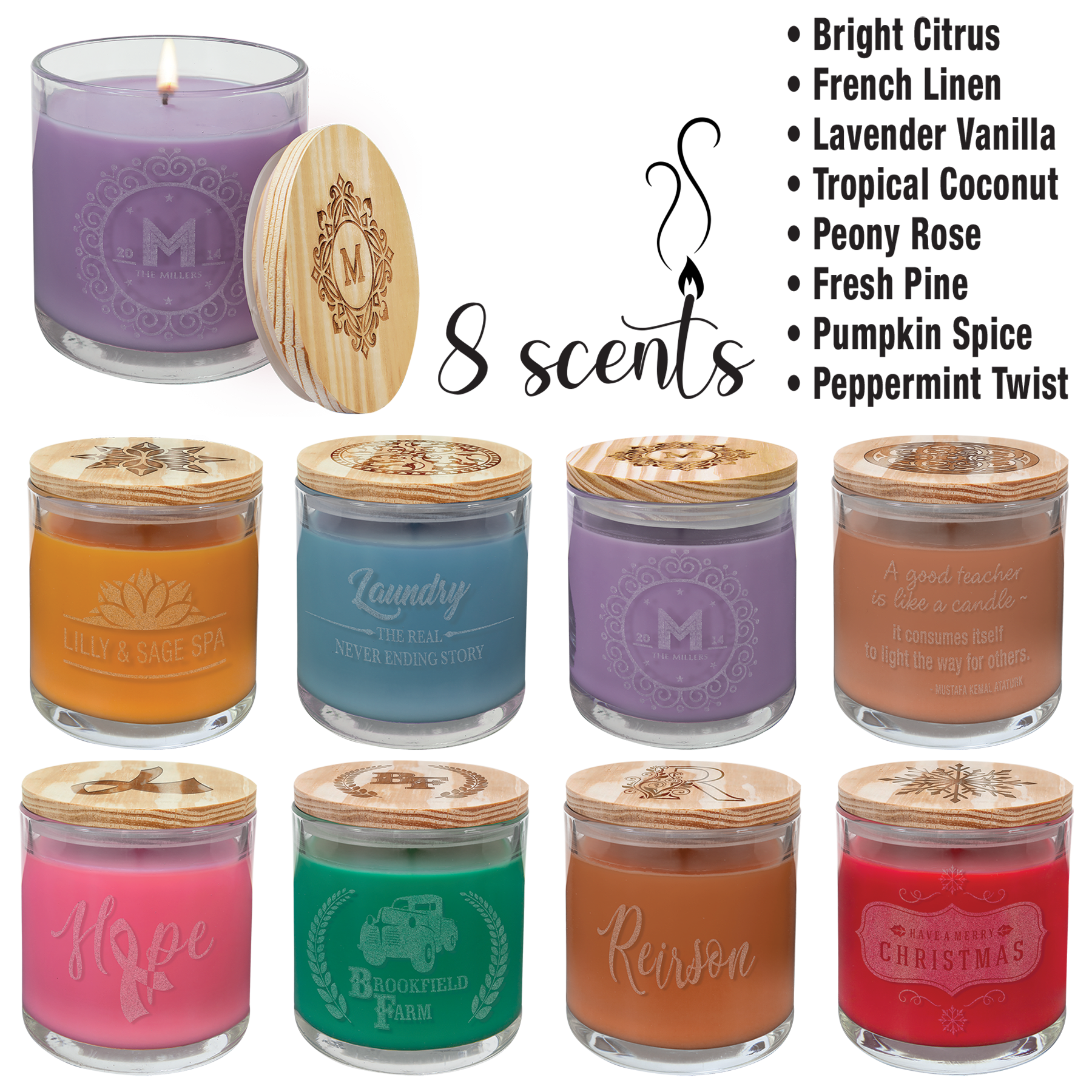 Eight 14 oz. scented soy blend candles in glass holders with custom engraved wood lids, in various colors.