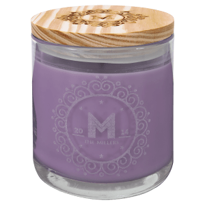 14 oz. lavender scented candle in a clear glass holder with a custom engraved wood lid and glass design.