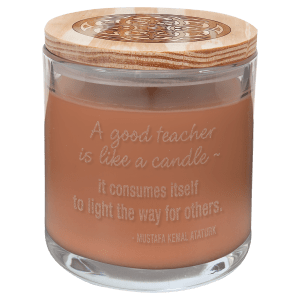 14 oz. scented candle in a clear glass holder with light brown wax and a decorative wood lid.