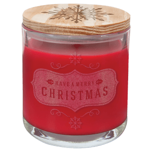 14 oz red scented candle in a clear glass holder with a wood lid featuring a snowflake design.