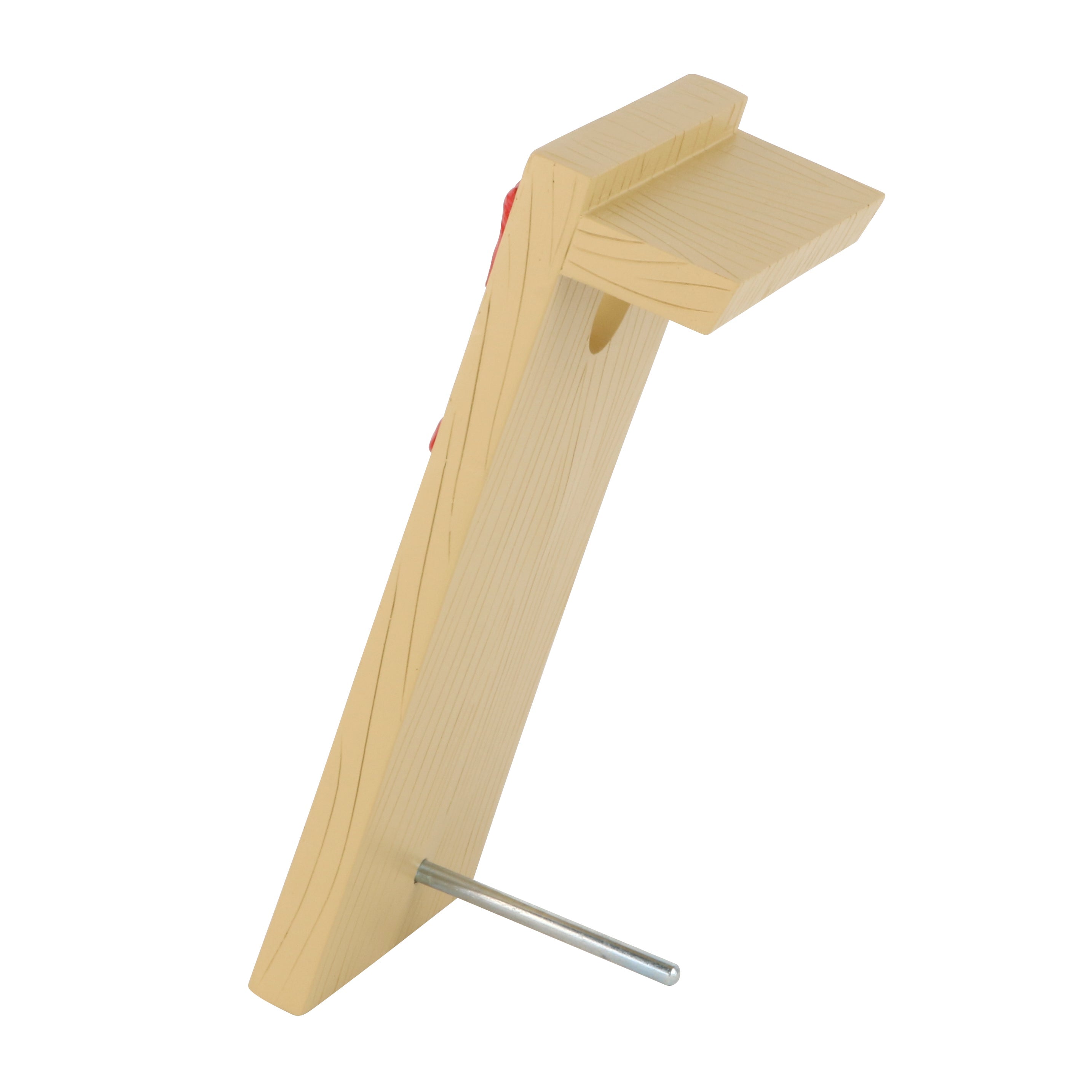 Miniature light wood cornhole board award with red bags and a metal stand pin.