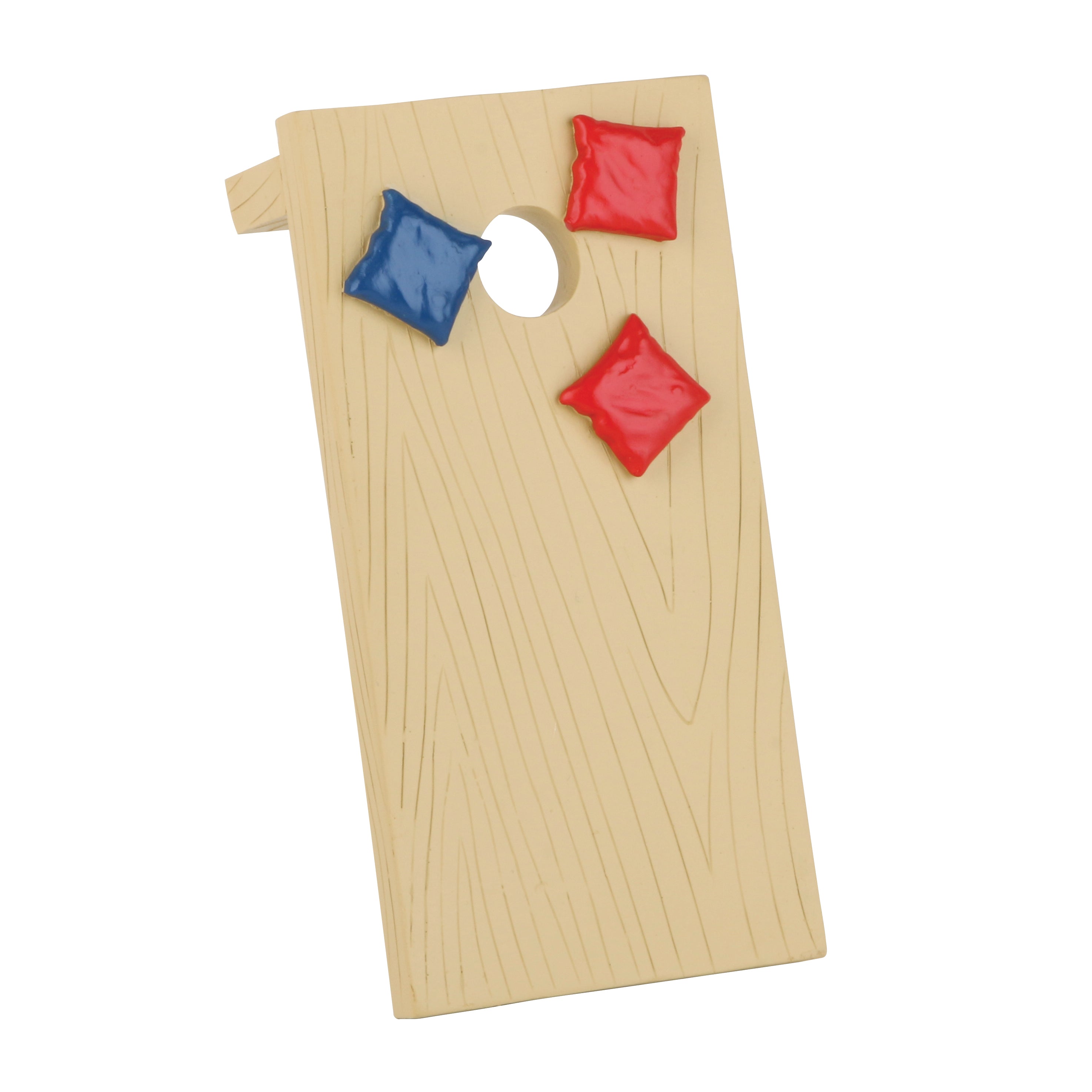 Miniature beige cornhole board award with a hole, two red bags, and one blue bag.