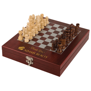Rosewood finish chess set with blond and brown sugartree pieces on a silver and charcoal board, featuring a custom engraved lid.