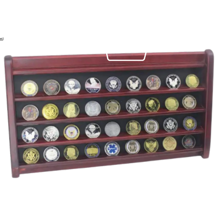 Rosewood finish challenge coin/medallion rack, 20.75" long, displaying multiple military coins on four shelves.