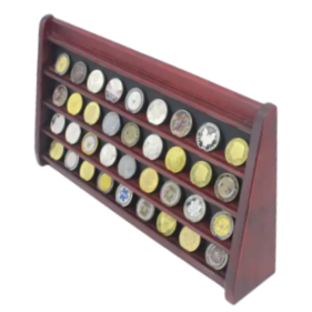 Rosewood finish challenge coin/medallion rack, 20.75" long, displaying multiple coins on four shelves.