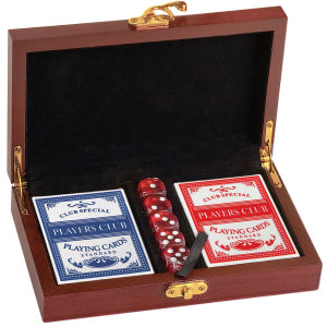 Rosewood finish card and dice set with antique gold latch, black felt lining, two card decks, and five red dice.