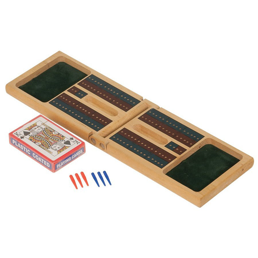 Open light wood cribbage board with blue and red pegs, a deck of cards, and green felt-lined compartments.