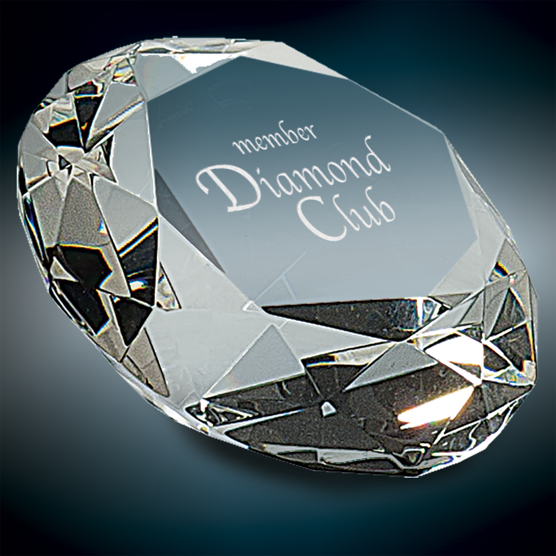 Octagon 4" clear crystal paperweight with faceted edges, etched "member Diamond Club".