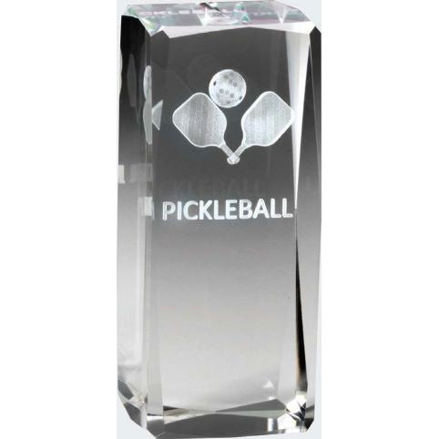 Clear 3-D laser engraved crystal award with "PICKLEBALL" text, two paddles, and a ball.