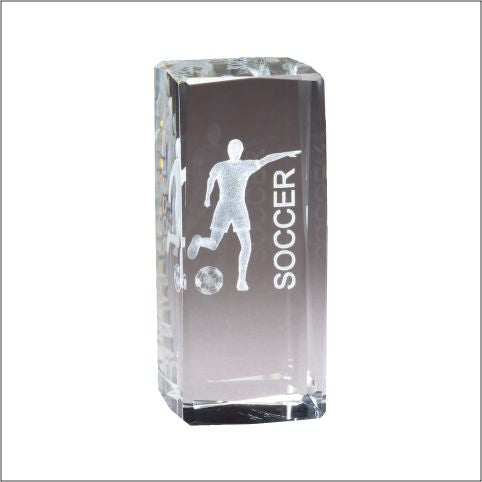 Clear 4.5" x 2" 3-D laser-engraved crystal with a soccer player and "SOCCER" text.