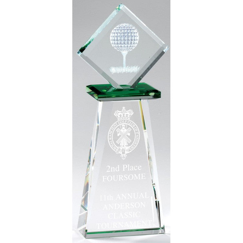 Crystal golf award with 3D golf ball, green accents, and etched text on a clear base.