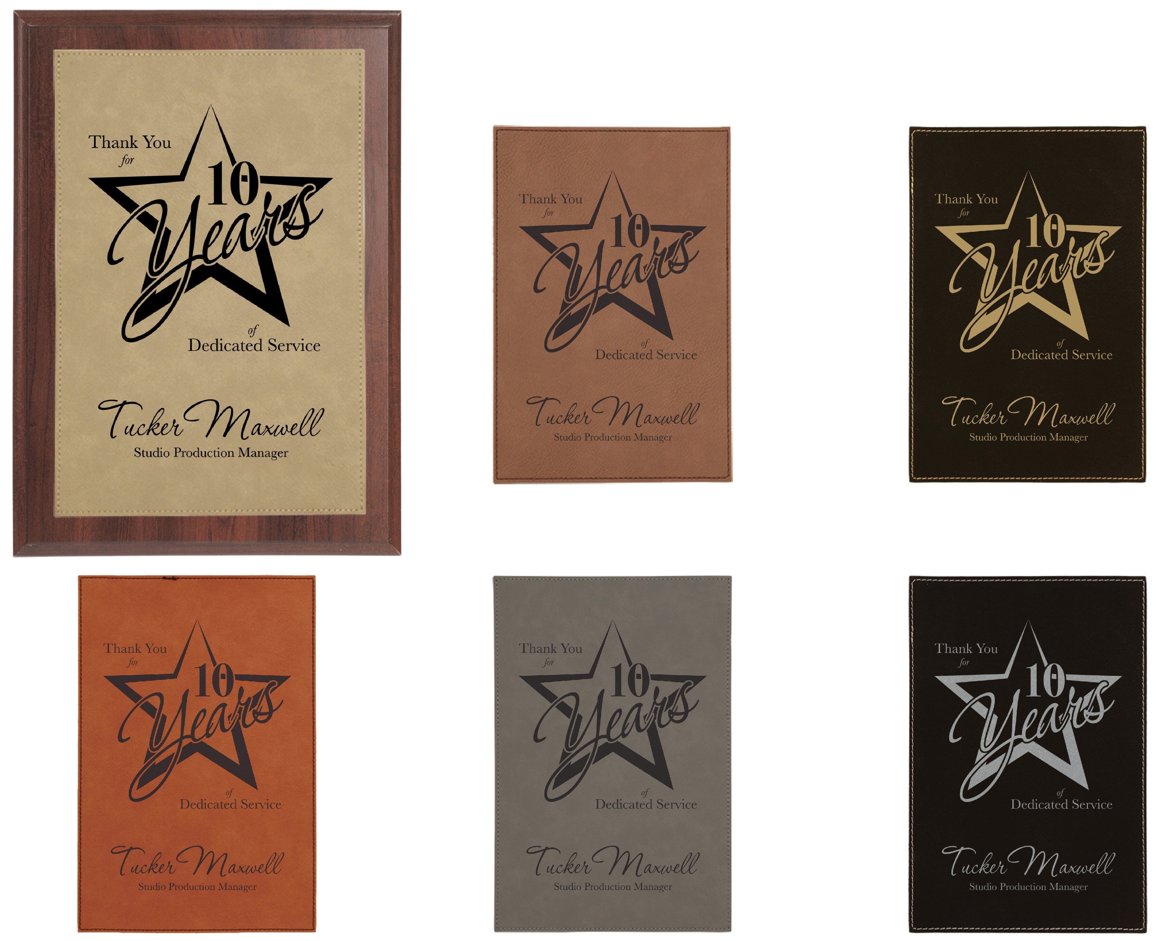 Ebony laminate plaque with a tan leatherette plate, engraved "Thank You for 10 Years of Dedicated Service" and "Tucker Maxwell".