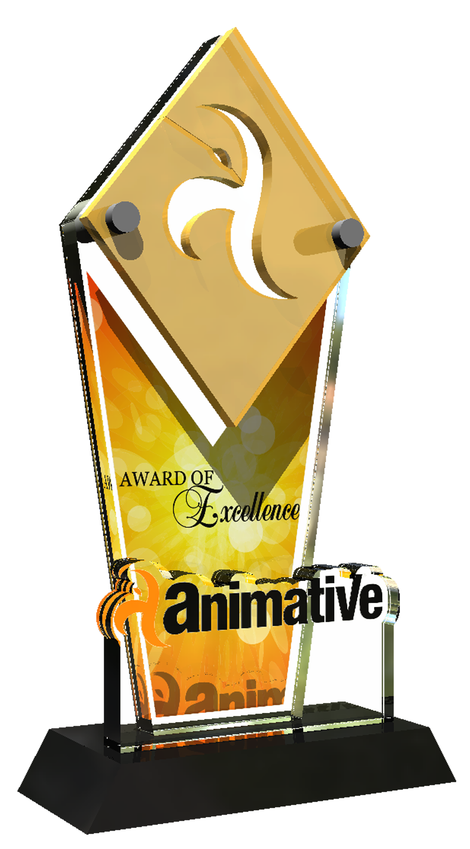 Custom 2D acrylic award with gold top, "Award of Excellence" text, and "animative" logo on an orange background.