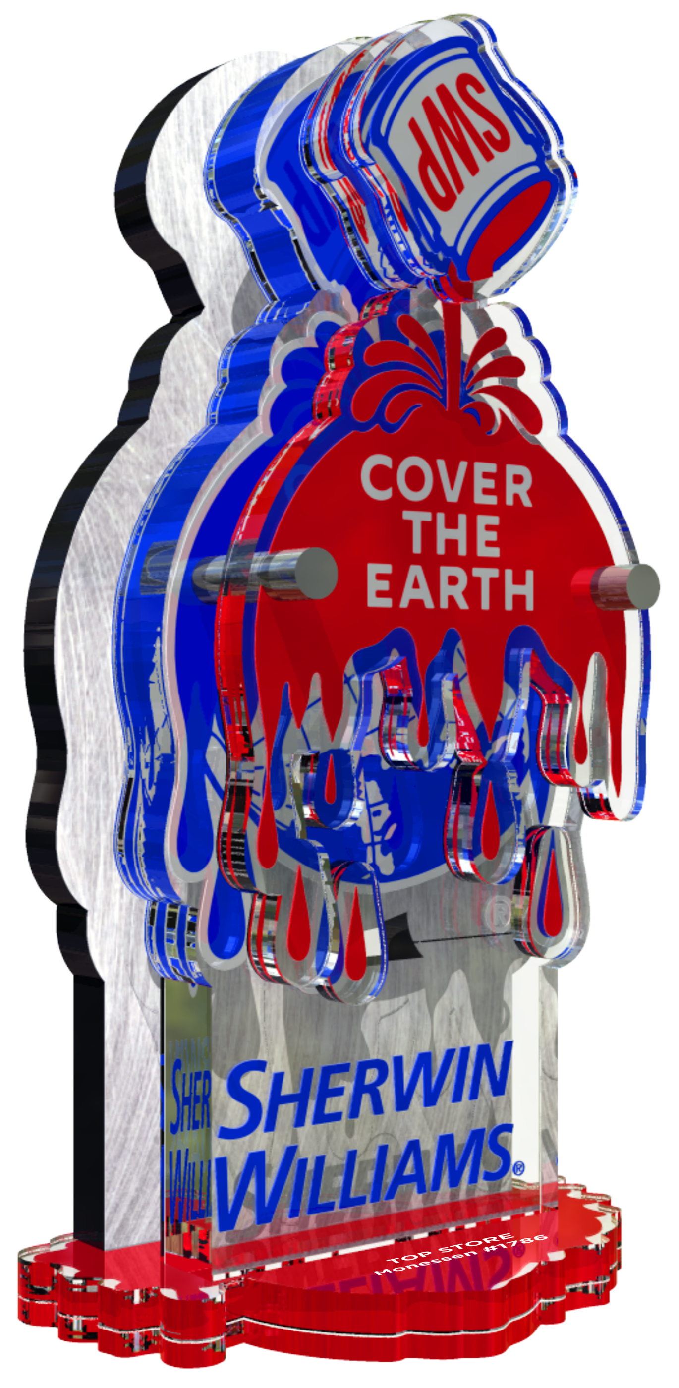 Custom 3D acrylic award with red and blue Sherwin Williams logo, paint can, and "COVER THE EARTH" text.