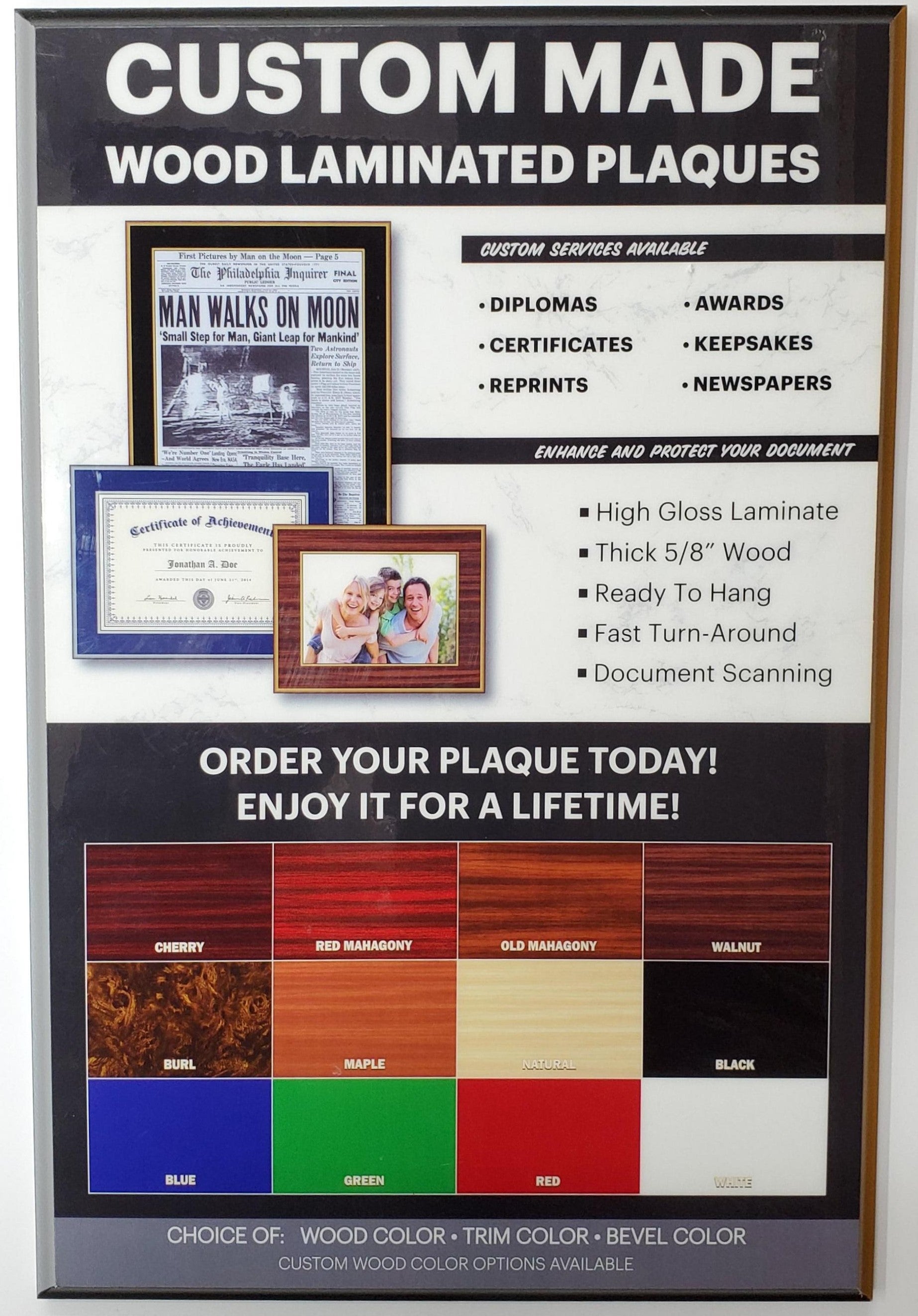 Custom wood laminated plaque display with examples, color options, and text.