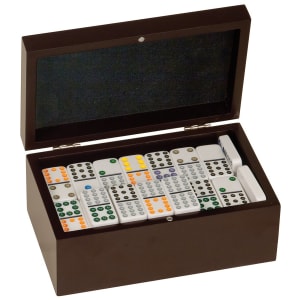 Open rosewood finish double twelves dominos set with 91 colorful dominos and black velvet lining.