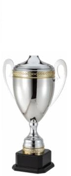 Elegant silver metal Italian cup trophy with gold accents and a black marble base.