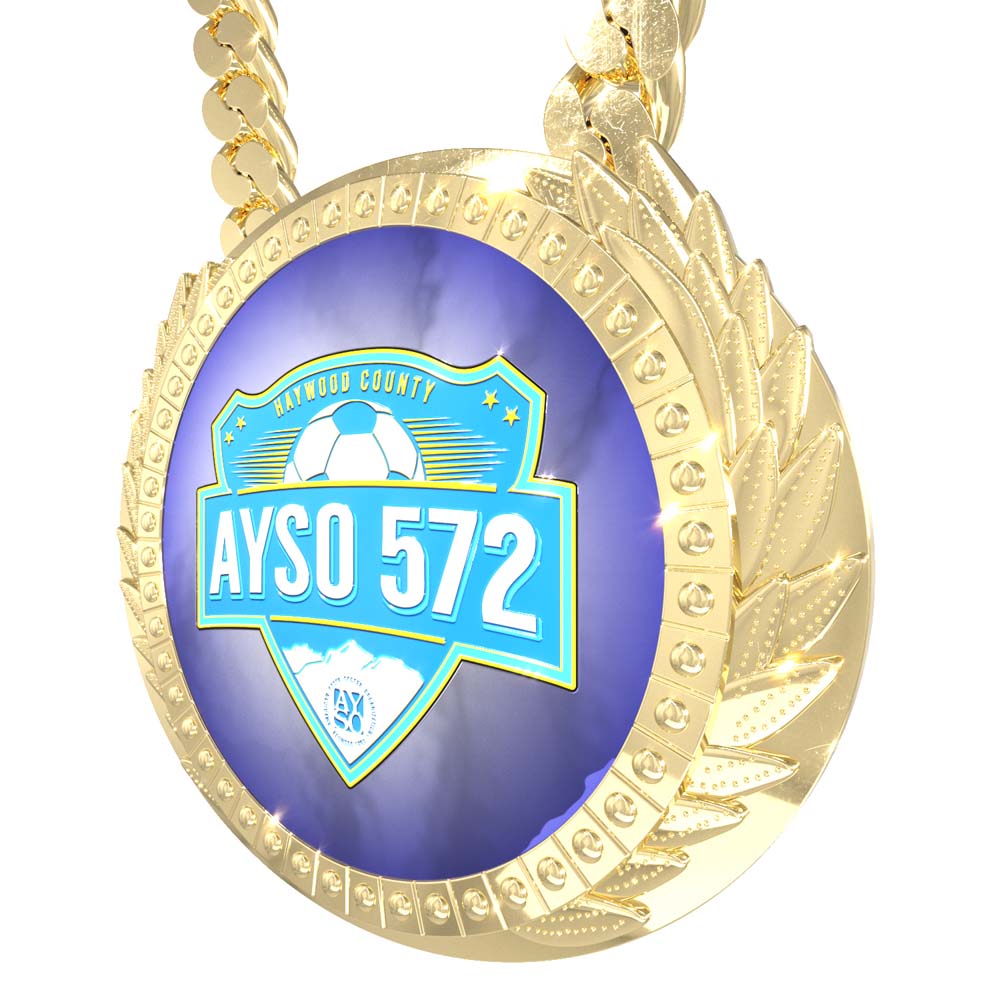 Gold Champion Chain - Lite with a customizable blue AYSO 572 soccer logo medallion.