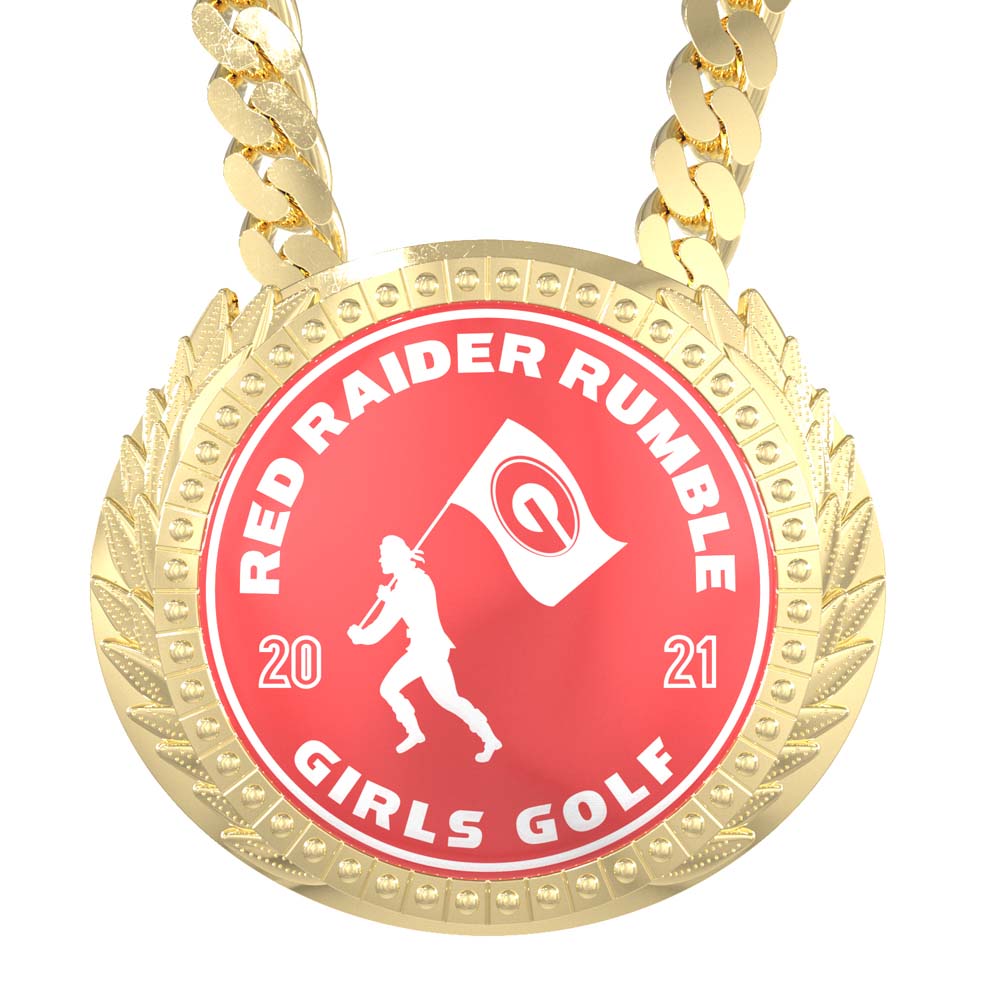 Gold Champion Chain - Lite with a red "Red Raider Rumble Girls Golf 2021" medallion featuring a golfer and flag.