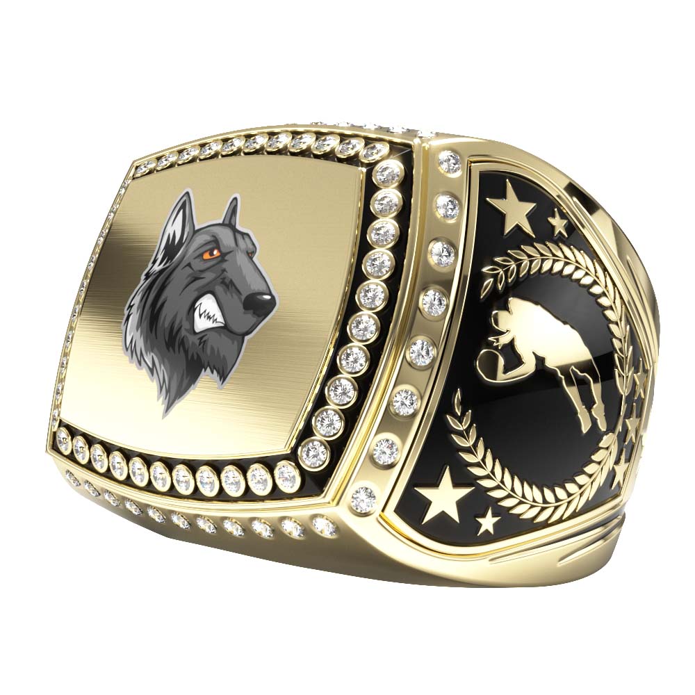 Gold Titan Ring with a snarling wolf face, surrounded by diamonds, and a black side panel with a boar and stars.
