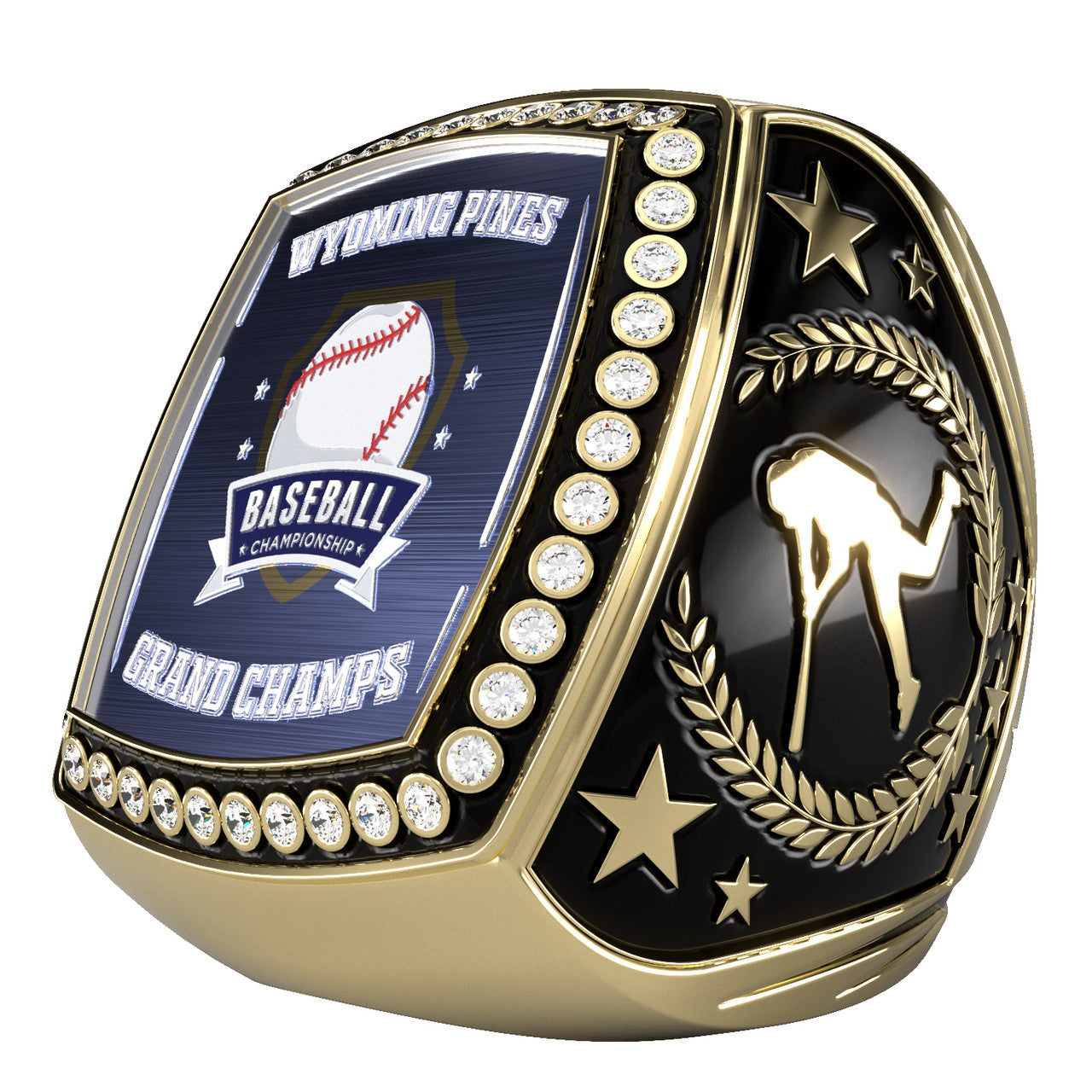 Gold baseball championship ring with blue face, "Wyoming Pines Baseball Grand Champs" text, baseball graphic, and side designs.