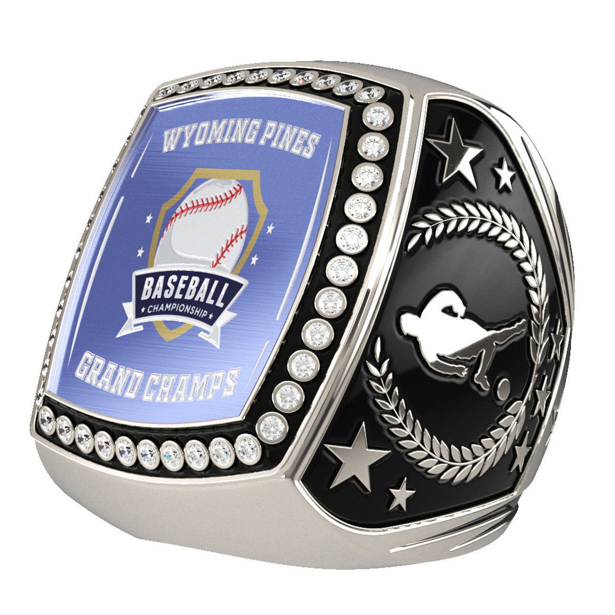 Silver antique finish championship ring with a blue baseball insert and clear stones.
