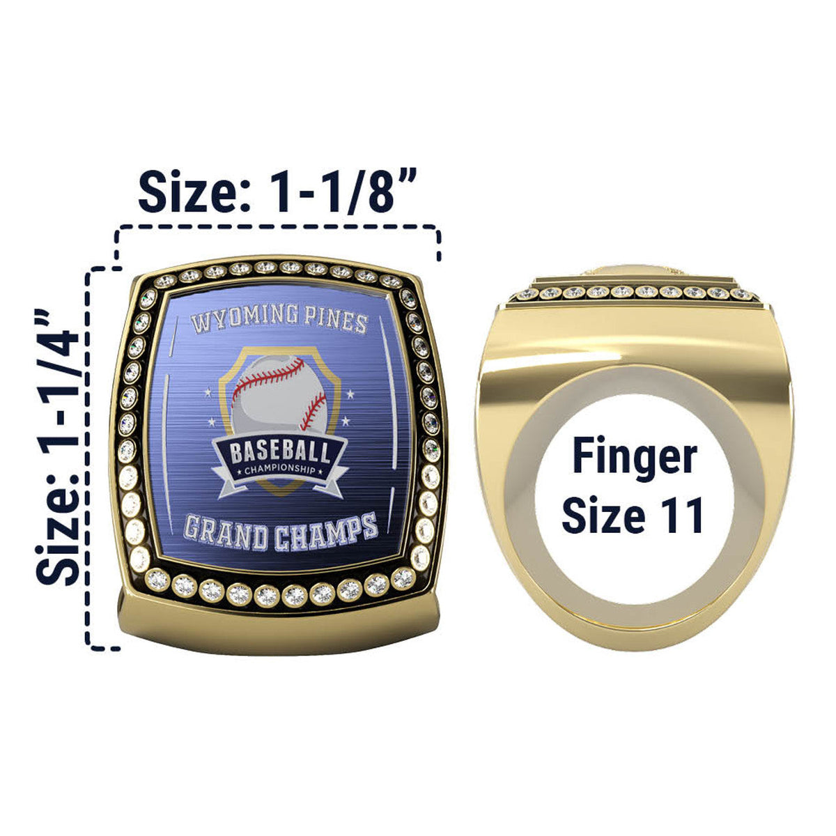 Gold championship ring, blue face with baseball, "Wyoming Pines Baseball Championship Grand Champs," size 11.