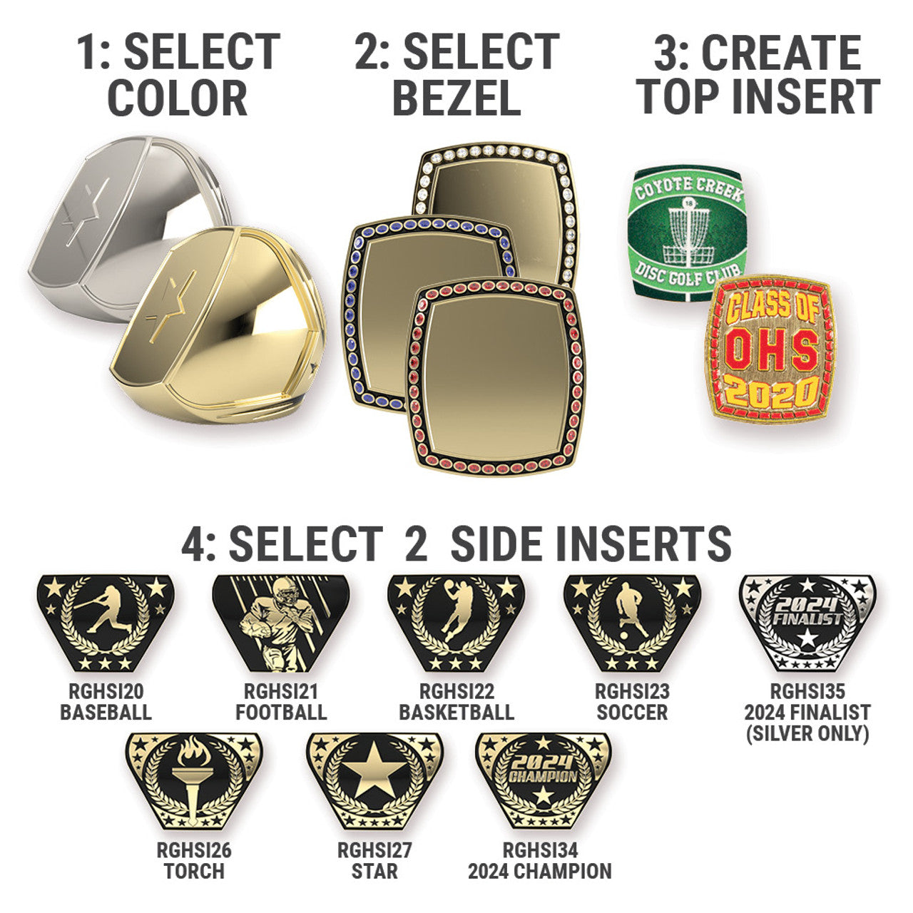 Customizable gold and silver Epic Rings with various bezels and sports-themed side inserts.