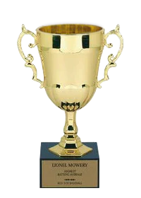 Gold European-style loving cup trophy on a black marble base with an engraved plaque.