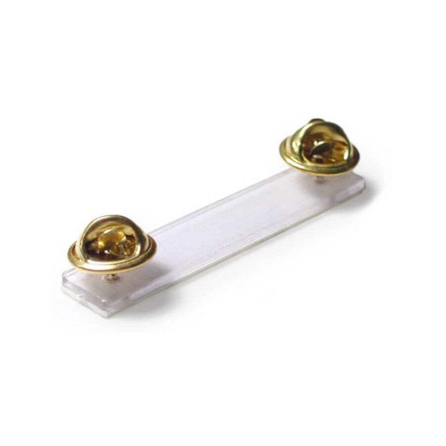Clear plastic name badge bar with two gold military clutch pin backs.