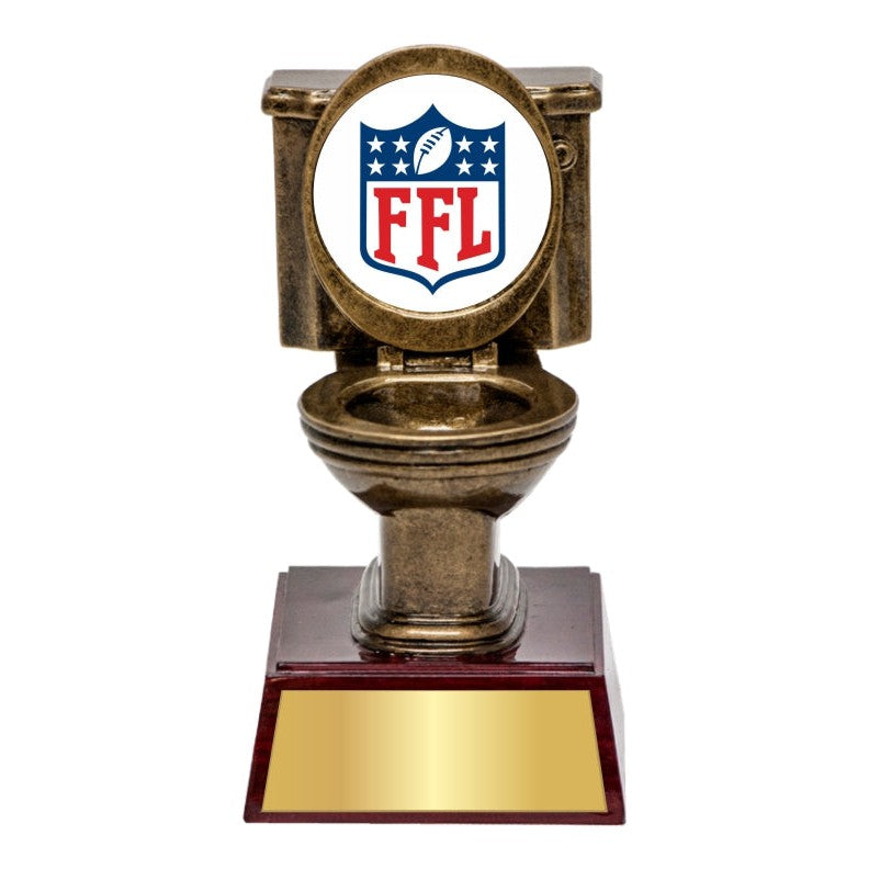 Bronze toilet bowl trophy with FFL football logo, on a dark wood base with a gold plate.