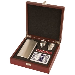 Rosewood finish flask set with stainless steel flask, funnel, shot glass, playing cards, and red dice.