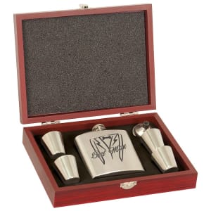 Laser engravable 6 oz stainless steel flask with four shot glasses and funnel in a rosewood presentation box.