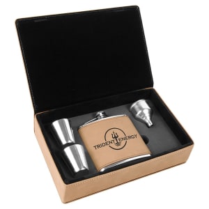 Tan laserable leatherette flask gift set with custom logo, two shot glasses, and funnel.