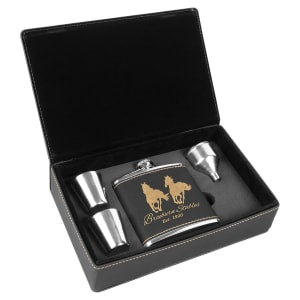 Black leatherette flask gift set with a gold horse logo, two shot glasses, and a funnel.