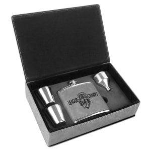 Gray laserable leatherette flask gift set with engraved flask, two shot glasses, and funnel.