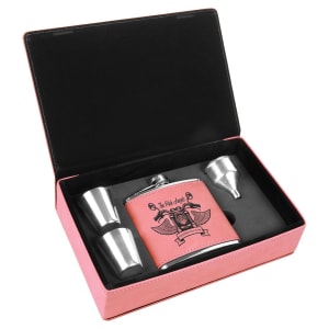 Pink laserable leatherette flask gift set with engraved flask, two shot glasses, and funnel.