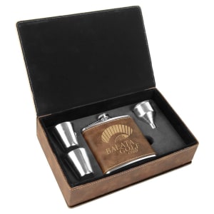 Brown laserable leatherette flask gift set with engraved flask, two shot glasses, and funnel.