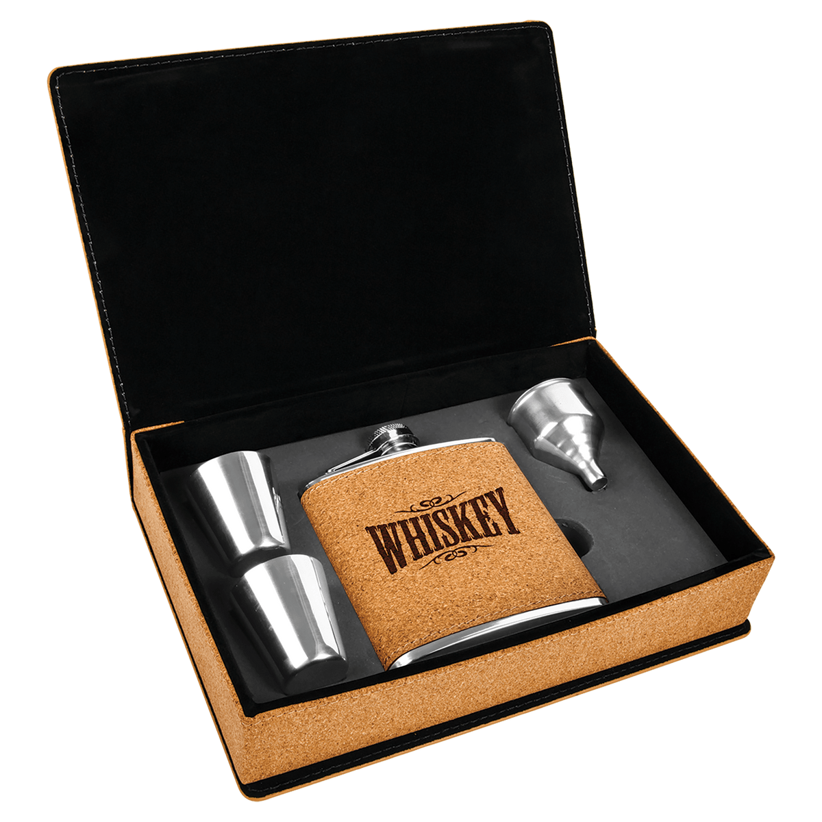 Laserable leatherette flask gift set with "WHISKEY" engraving, two shot glasses, and a funnel.