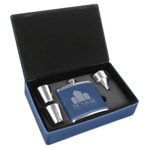 Blue laserable leatherette flask gift set with custom engraving, two shot glasses, and a funnel.