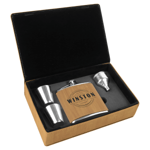 Tan laserable leatherette flask gift set with personalized flask, two shot glasses, and funnel.
