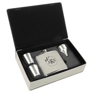 Light gray laserable leatherette flask gift set with two shot glasses and a funnel.