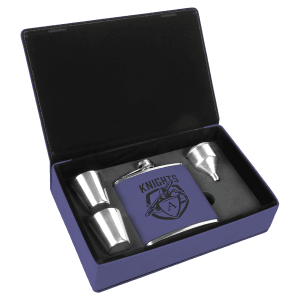 Purple laserable leatherette flask gift set with flask, two shot glasses, and funnel.