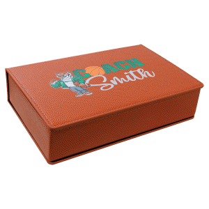 Orange leatherette gift box with "Coach Smith" and tiger mascot design.