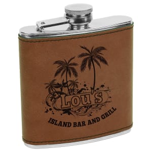 Brown 6 oz. laserable leatherette flask with stainless steel top, featuring a "Lou's Island Bar and Grill" palm tree design.