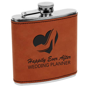 6 oz. stainless steel flask wrapped in brown laserable leatherette with a heart and high heel design.