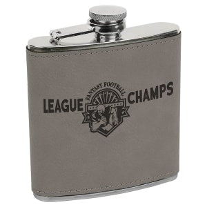 Gray 6 oz. laserable leatherette stainless steel flask with "Fantasy Football League Champs" engraving.