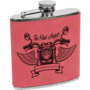 Pink laserable leatherette 6 oz. stainless steel flask with "The Pink Angel's Motorcycle Club" engraved design.