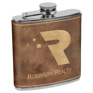 Brown laserable leatherette 6 oz. stainless steel flask with "R" logo and "ROBINSON REALTY" engraving.
