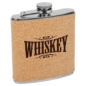 6 oz. stainless steel flask with laserable cork leatherette wrap, engraved "WHISKEY" design.